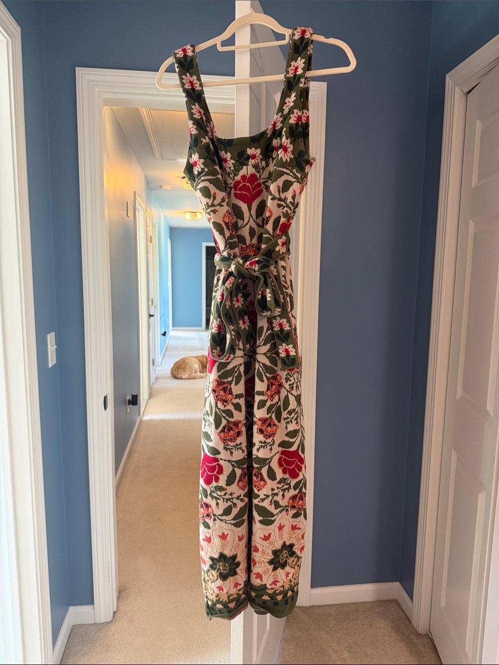 FARM Rio Green Floral Knit Midi Dress with Pink & Cream Accents